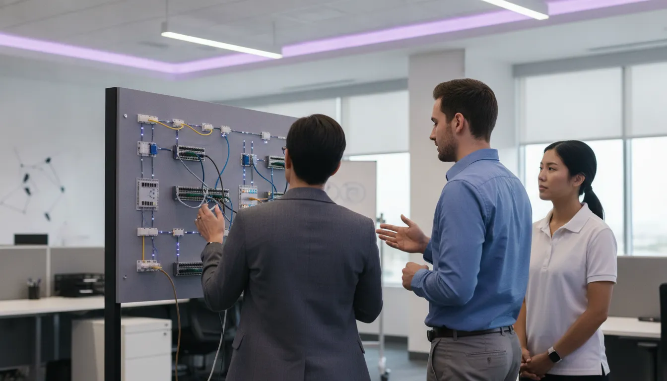 MSP network engineer candidate discussing a technical network layout with an operations team
