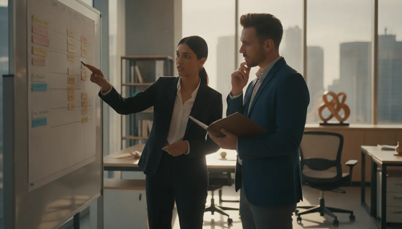 Two MSP business owners reviewing a hiring and operations plan together in a bright modern office