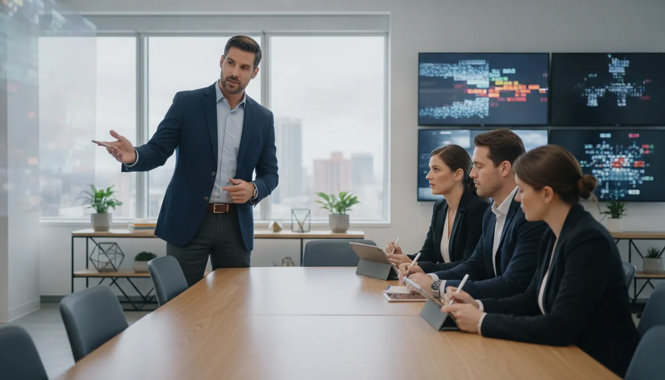 MSP business owner reviewing operations with his leadership team