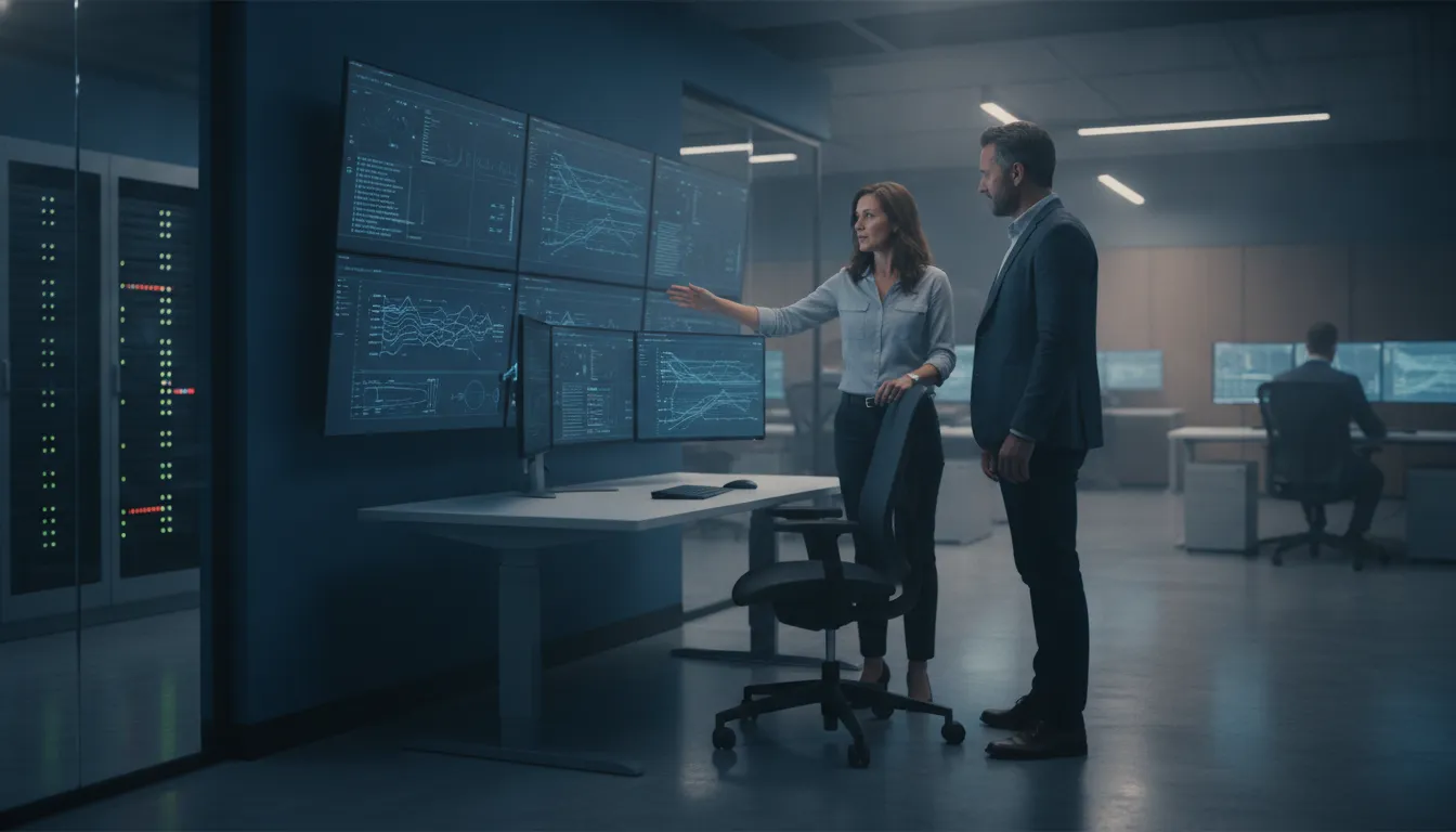 Network operations engineer and MSP owner reviewing a live monitoring environment