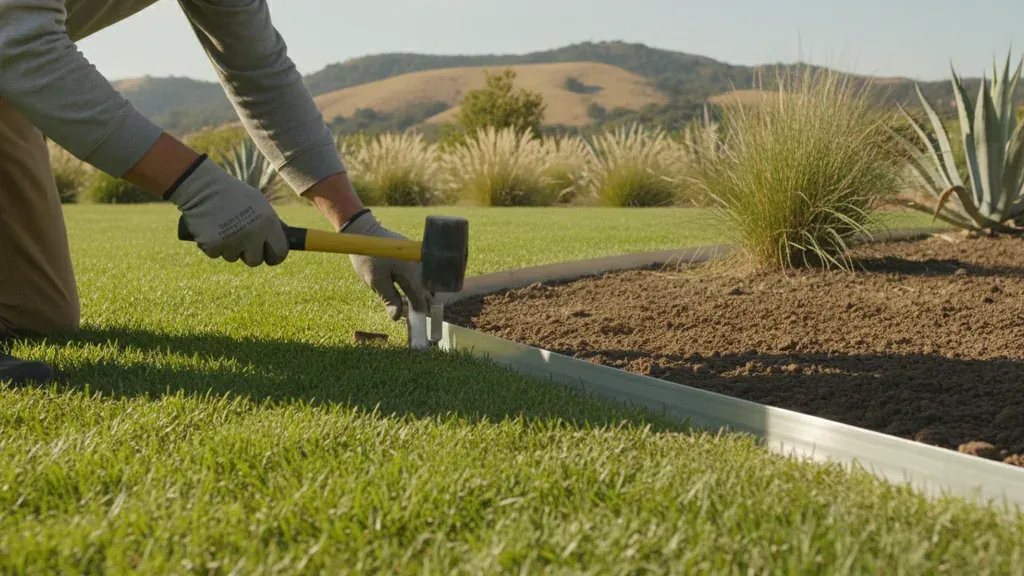Landscaper installing metal landscape edging beside a lawn
