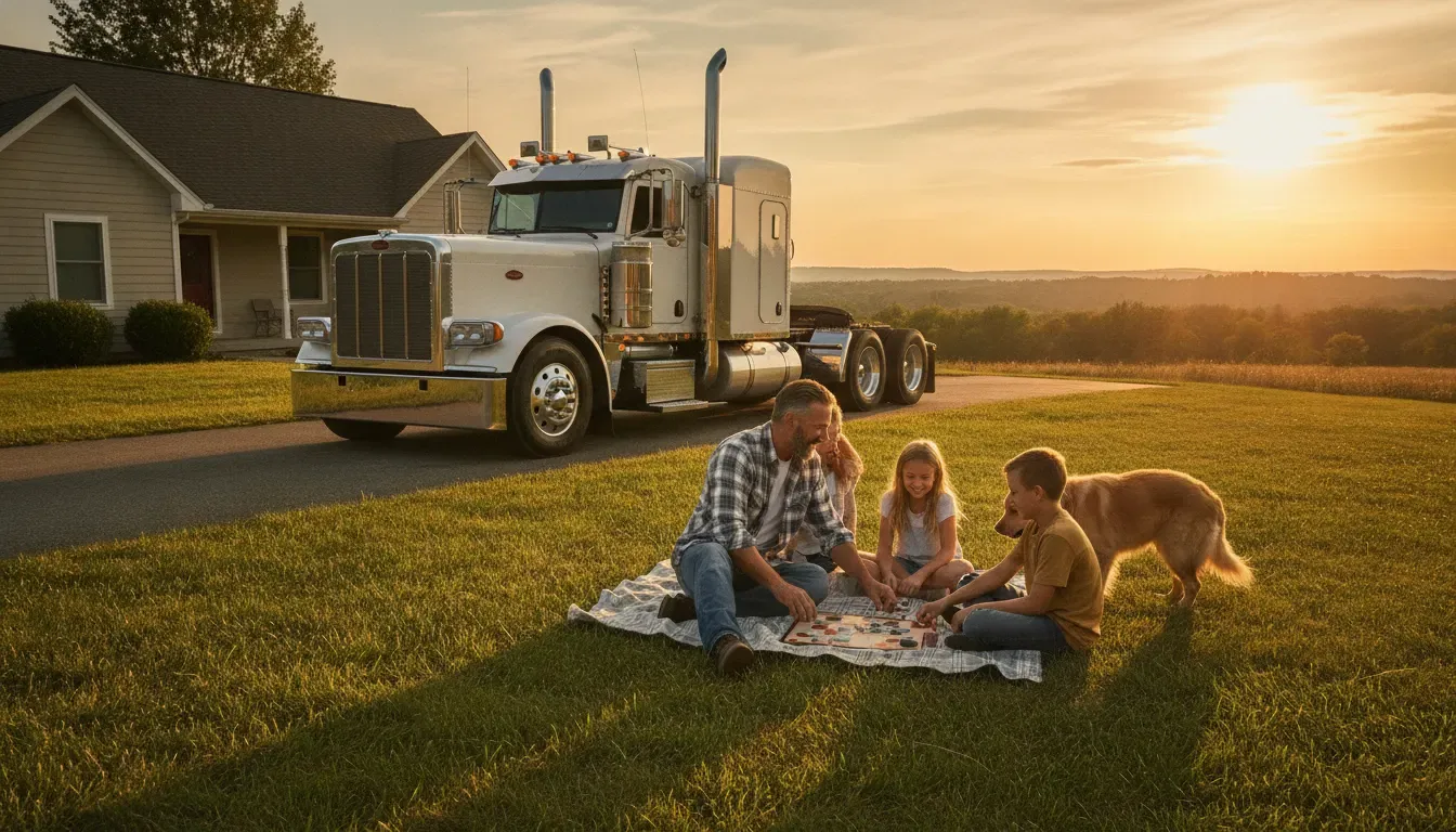 Owner operator planning home time with family beside a parked semi truck