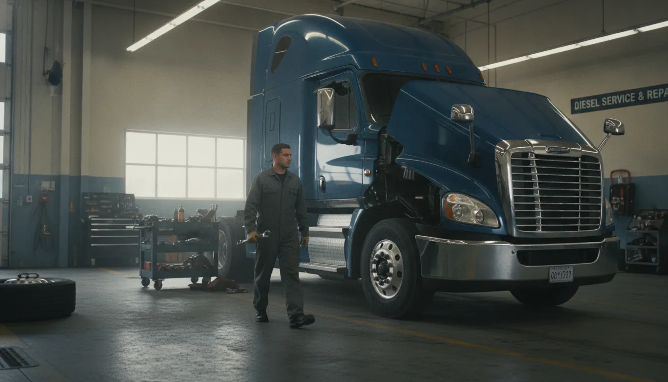 Semi-truck parked in a repair bay with a mechanic on approach