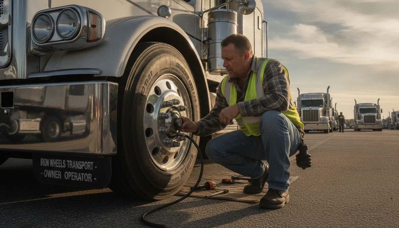 Owner-operator inspecting tire pressure during a pre-trip walkaround