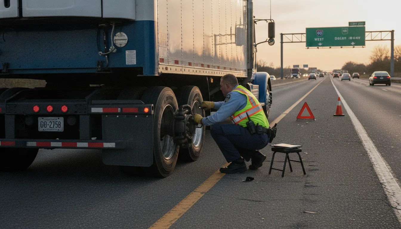 A DOT safety officer inspecting the brake system components of a parked semi truck during a roadside inspection stop