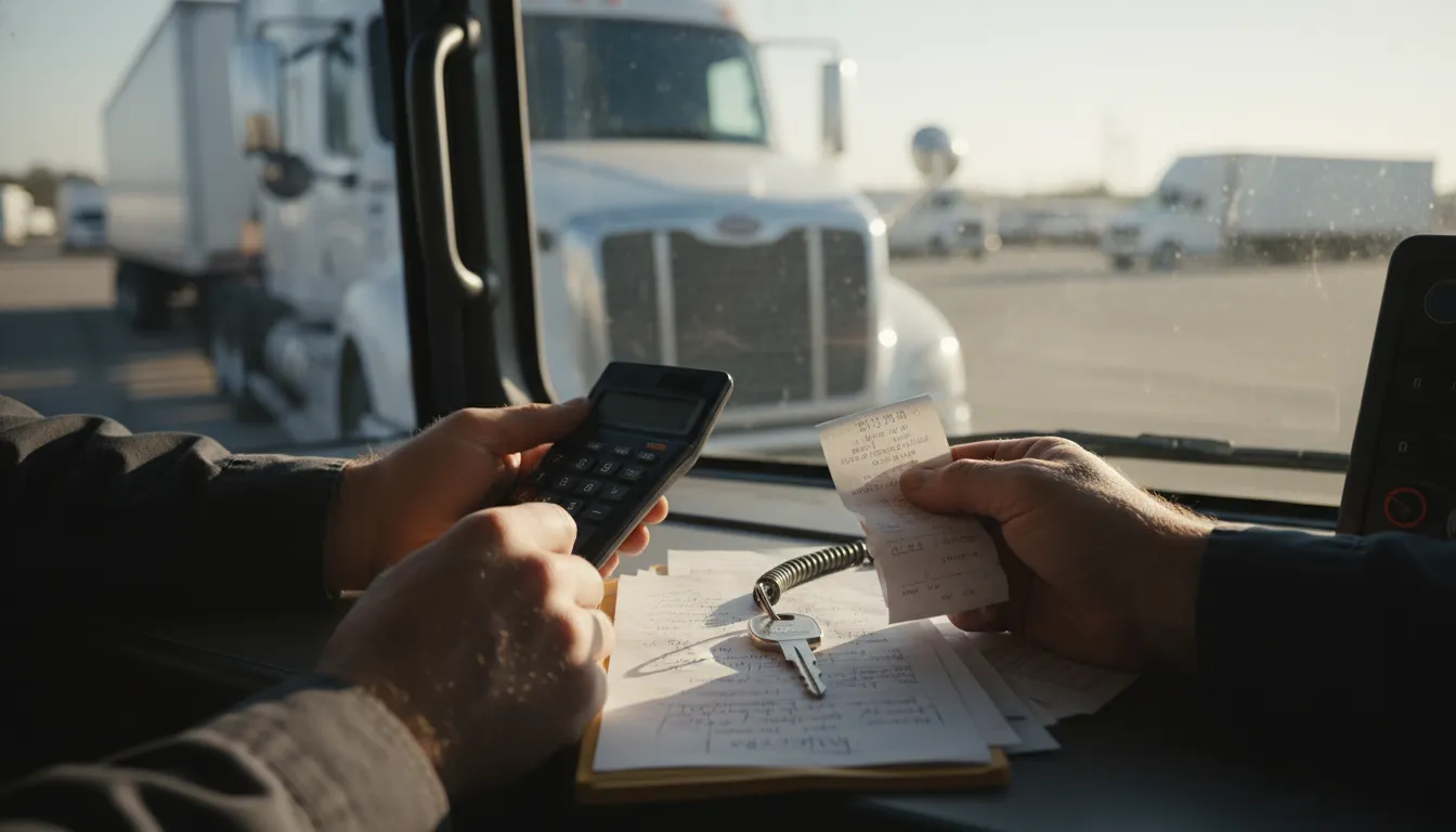 Truck driver comparing lease purchase expenses with a calculator and receipts