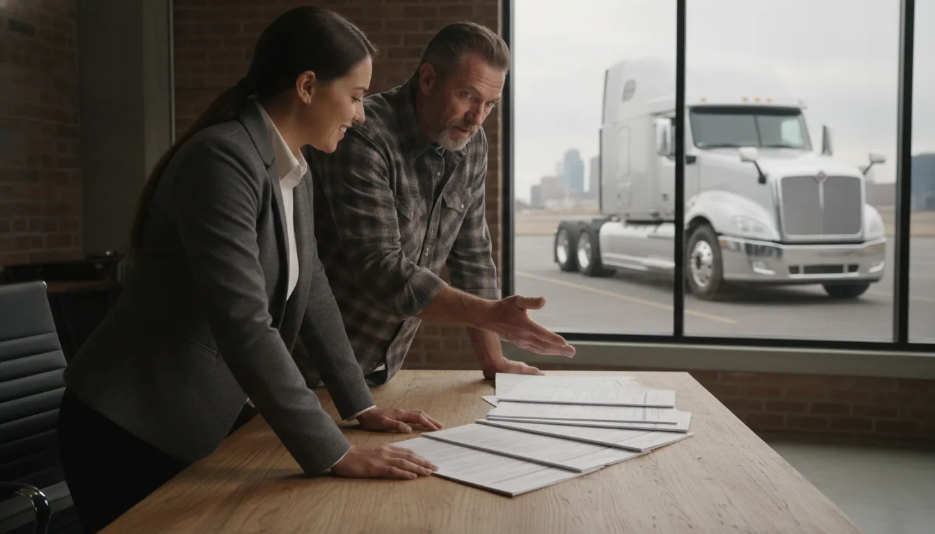 Driver reviewing truck lease purchase agreement questions with an advisor