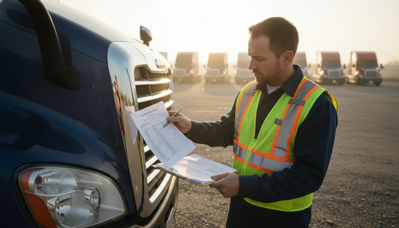 CDL driver reviewing a lease purchase trucking contract beside a semi truck