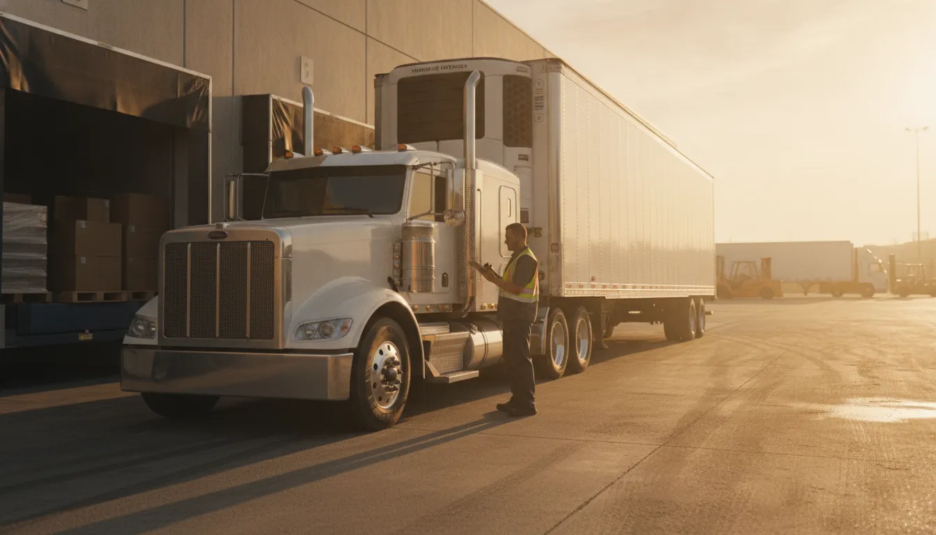 Owner operator documenting detention time beside a semi truck at a loading dock