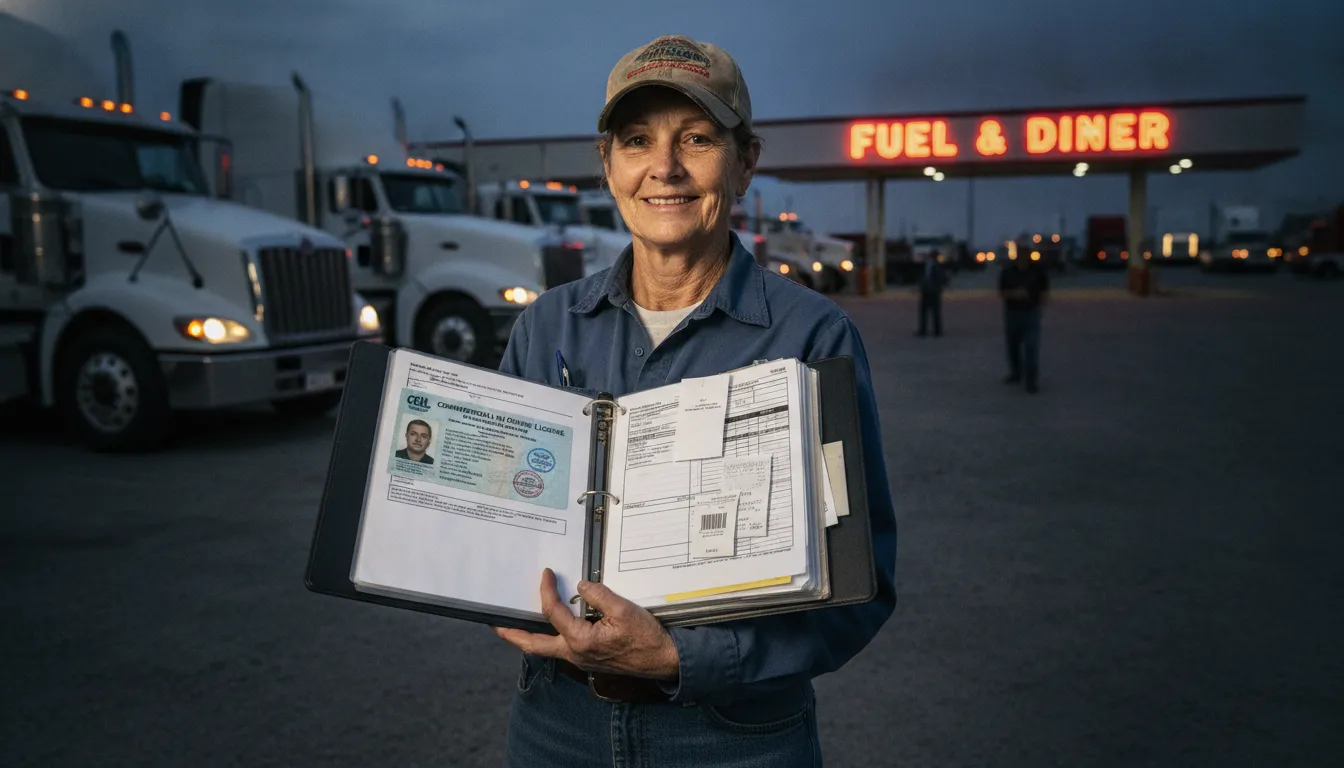 A professional truck driver holding a organized binder with CDL, medical card, and inspection documents at a truck stop