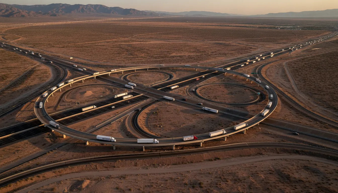 Semi trucks moving through a nationwide interstate freight network