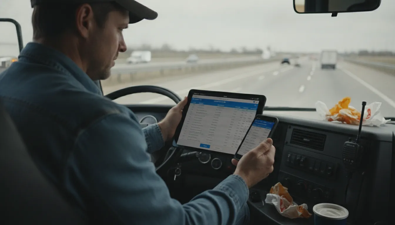 Owner operator comparing freight rate data on smartphone and tablet inside truck cab