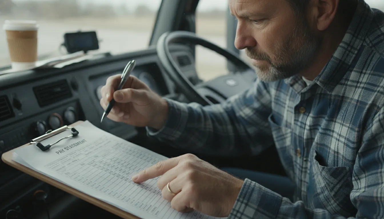 Truck driver reviewing pay documents and settlement sheet inside truck cab