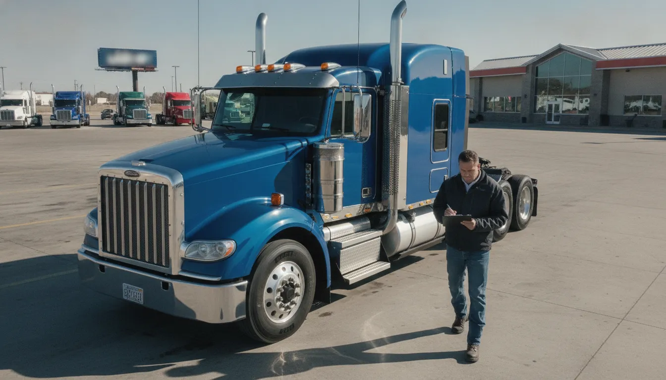 Owner operator truck driver performing a pre-trip safety check on a semi truck