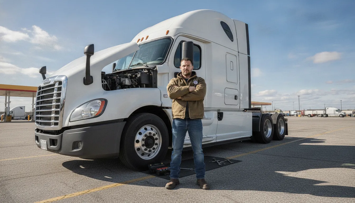 Semi truck driver checking equipment before choosing dispatched loads