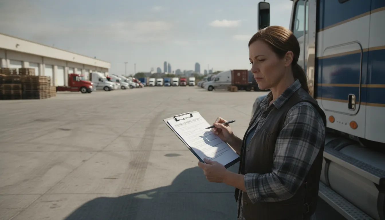 Owner operator reviewing zero deductible trucking insurance coverage beside a semi truck