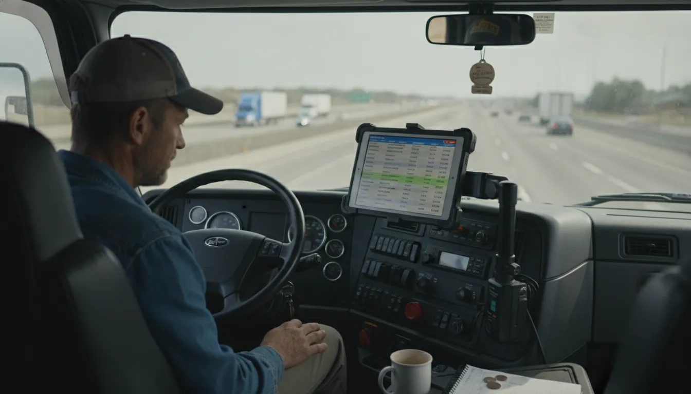 Truck driver reviewing load board on tablet in truck cab