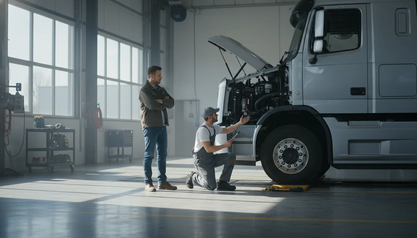 Technician inspecting a lease purchase semi truck during maintenance