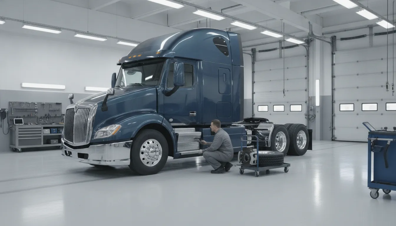 Semi truck receiving preventive maintenance during owner operator home time