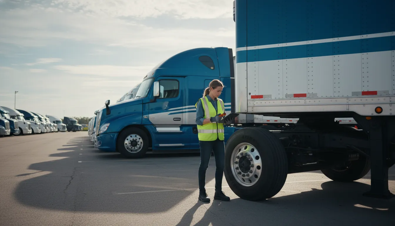 Professional CDL driver inspecting a lease purchase semi truck at a maintenance yard