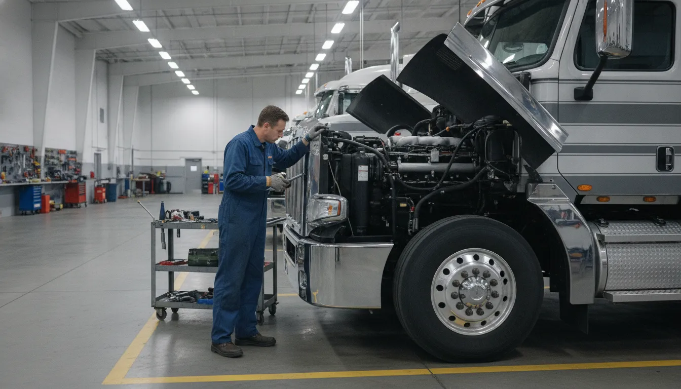 Mechanic inspecting semi truck maintenance before a lease purchase agreement