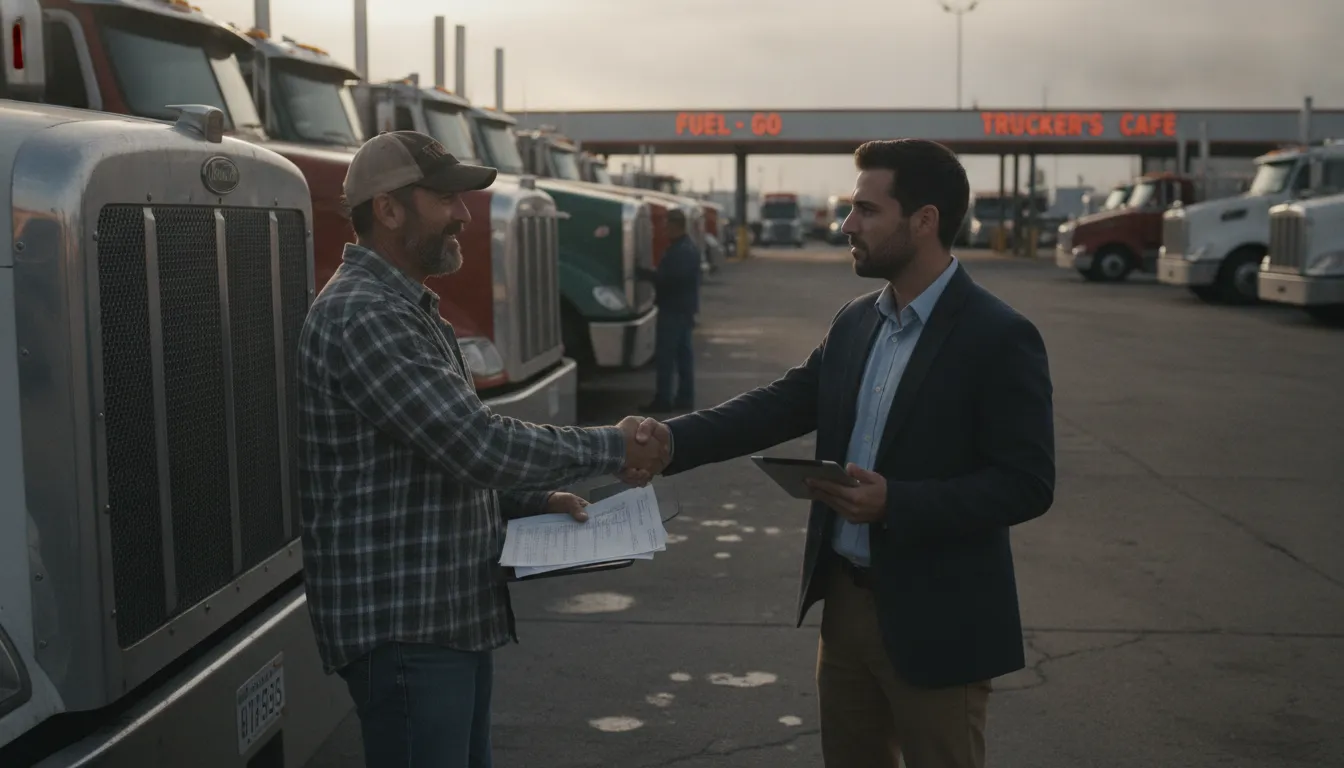 Owner-operator reviewing rate data on smartphone at loading dock