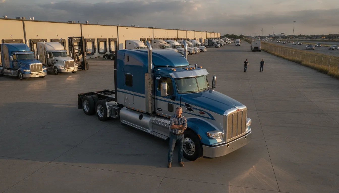 Owner operator reviewing trucking opportunities beside a semi truck
