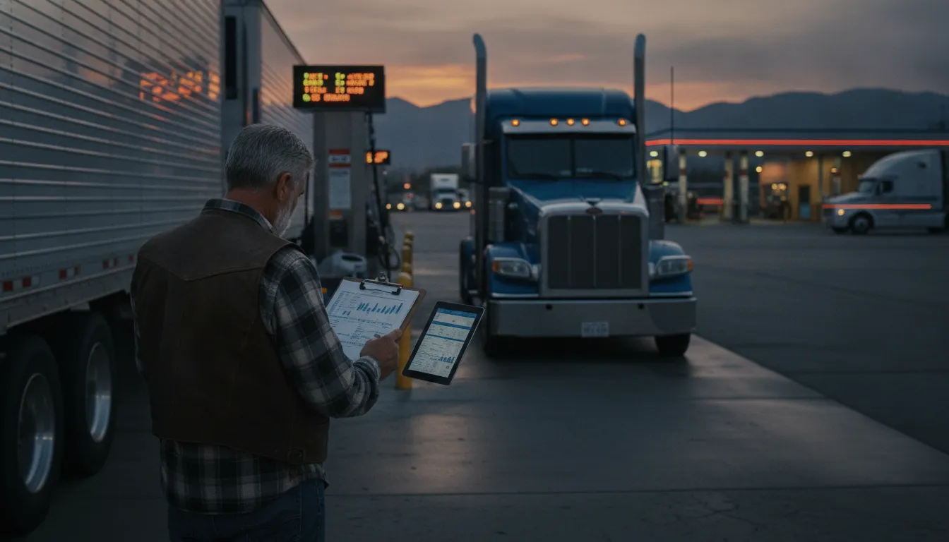 Owner operator reviewing business costs beside a semi truck