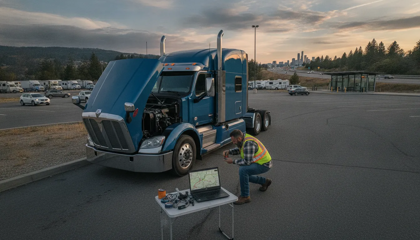 Owner operator inspecting a semi truck before an OTR route