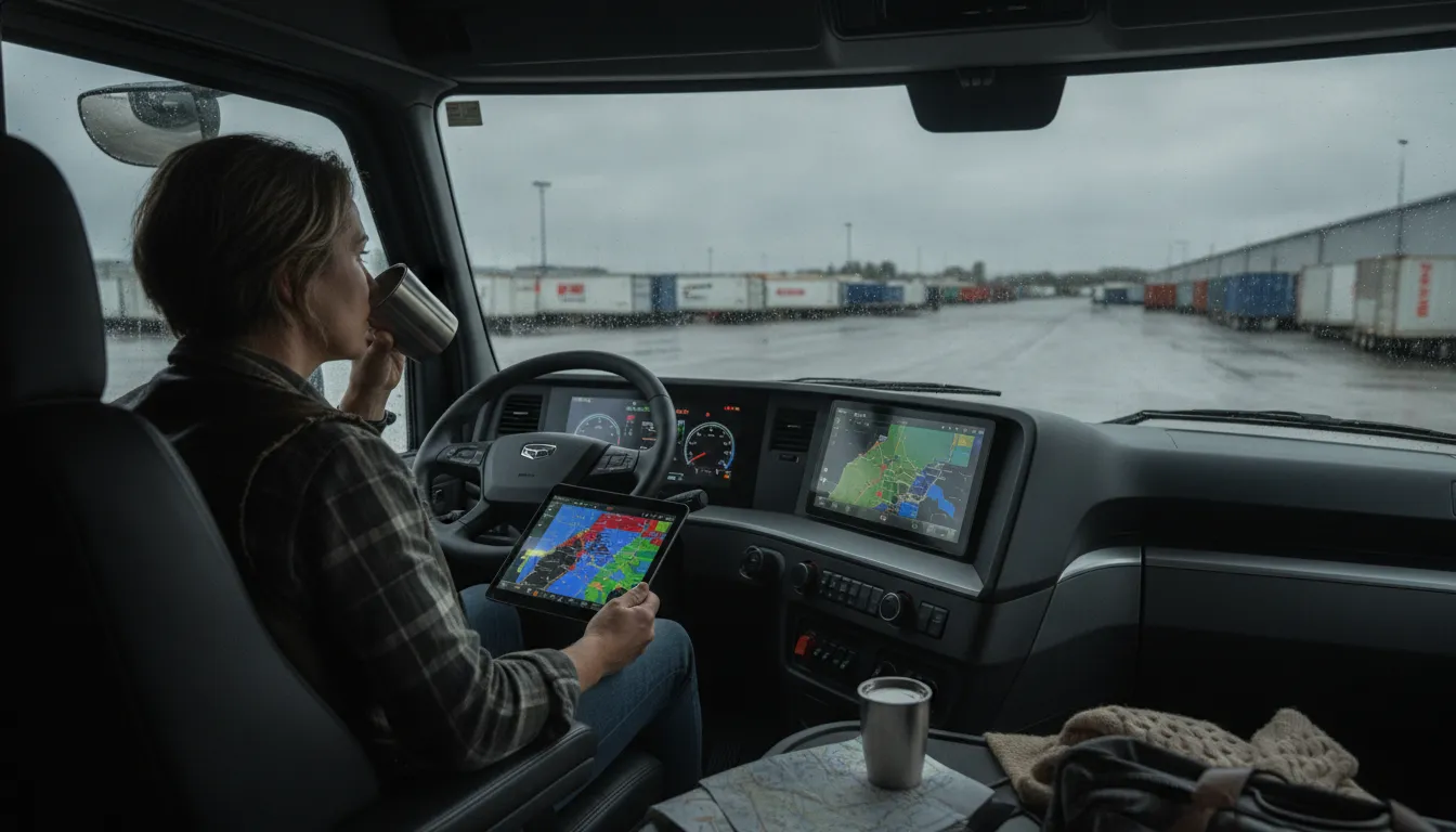 Owner operator reviewing route timing during a detention delay