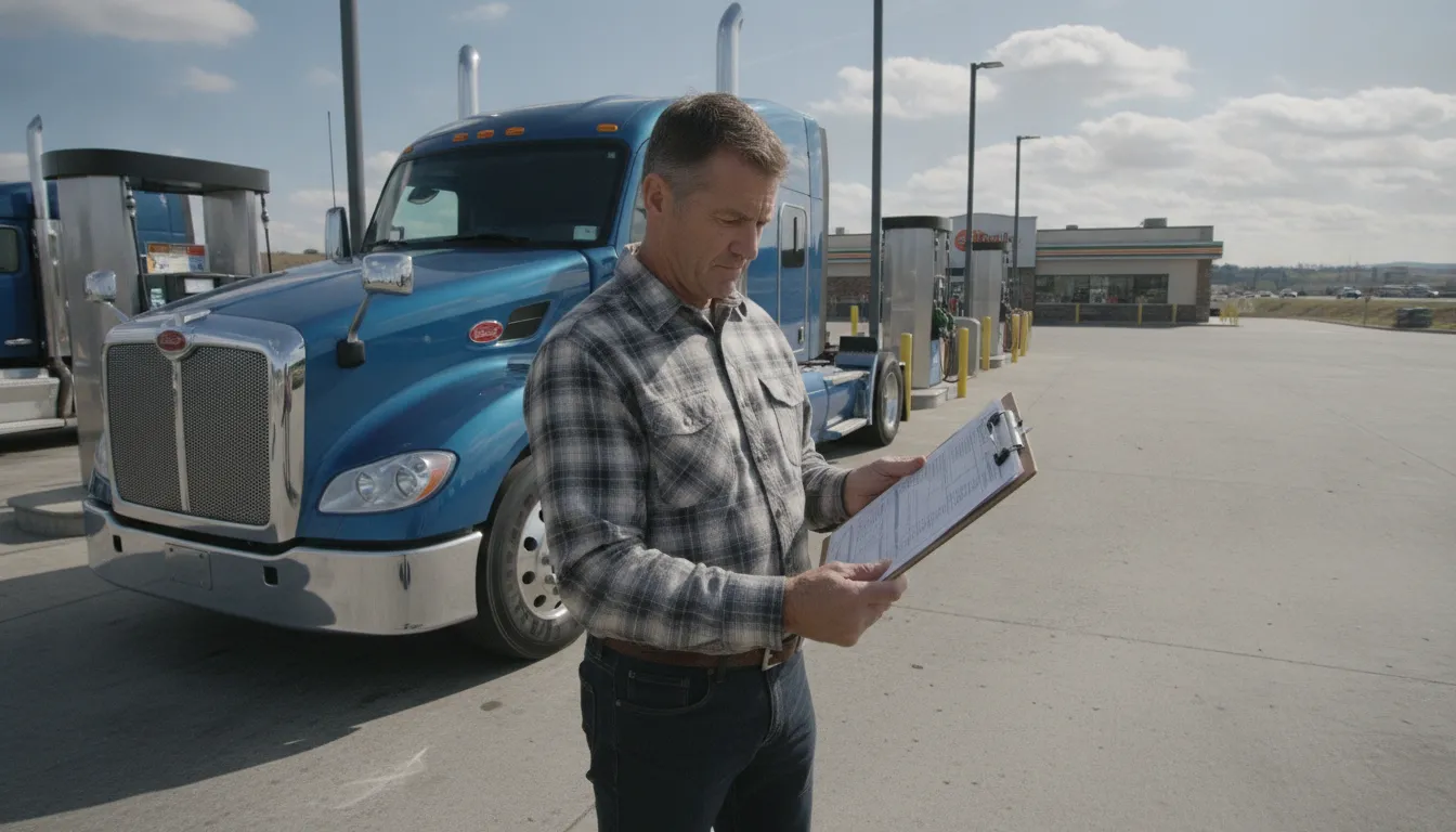 Owner-operator calculating trucking rate per mile beside a semi truck