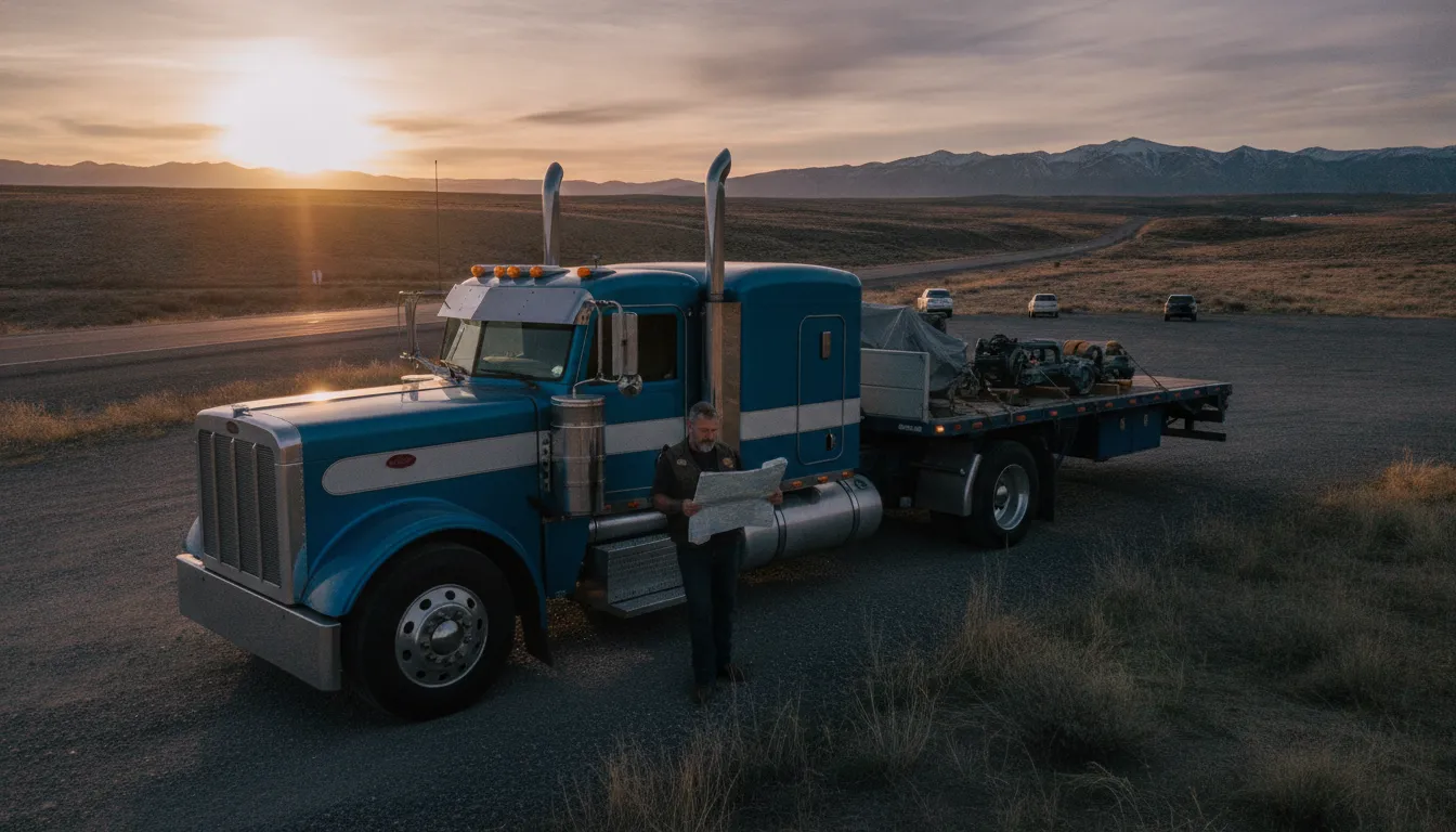 Owner operator planning a route home beside a parked semi truck