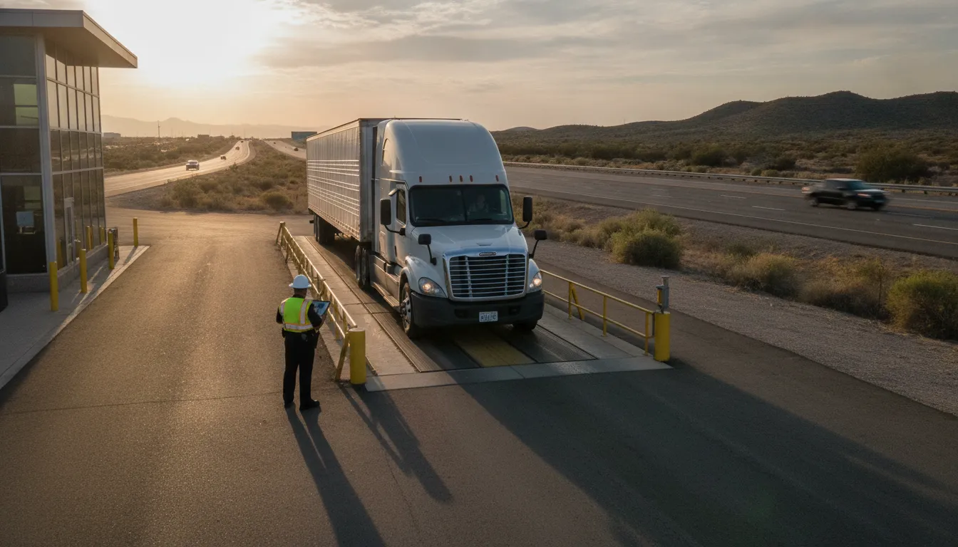 Semi truck on a weigh station scale ramp with an enforcement officer nearby