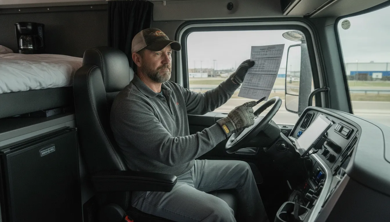 CDL driver reviewing a no escrow lease purchase trucking settlement statement