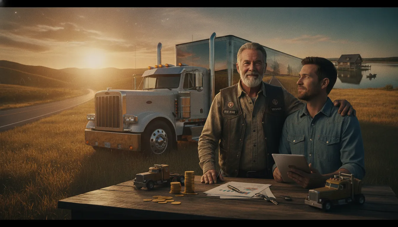 Owner operator truck driver reviewing Solo 401k retirement plan paperwork inside truck cab