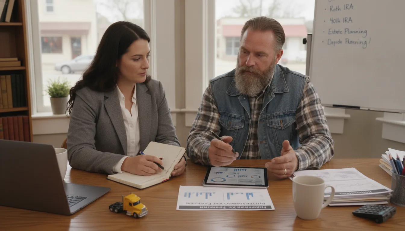 Owner operator truck driver planning retirement tax strategies with financial documents