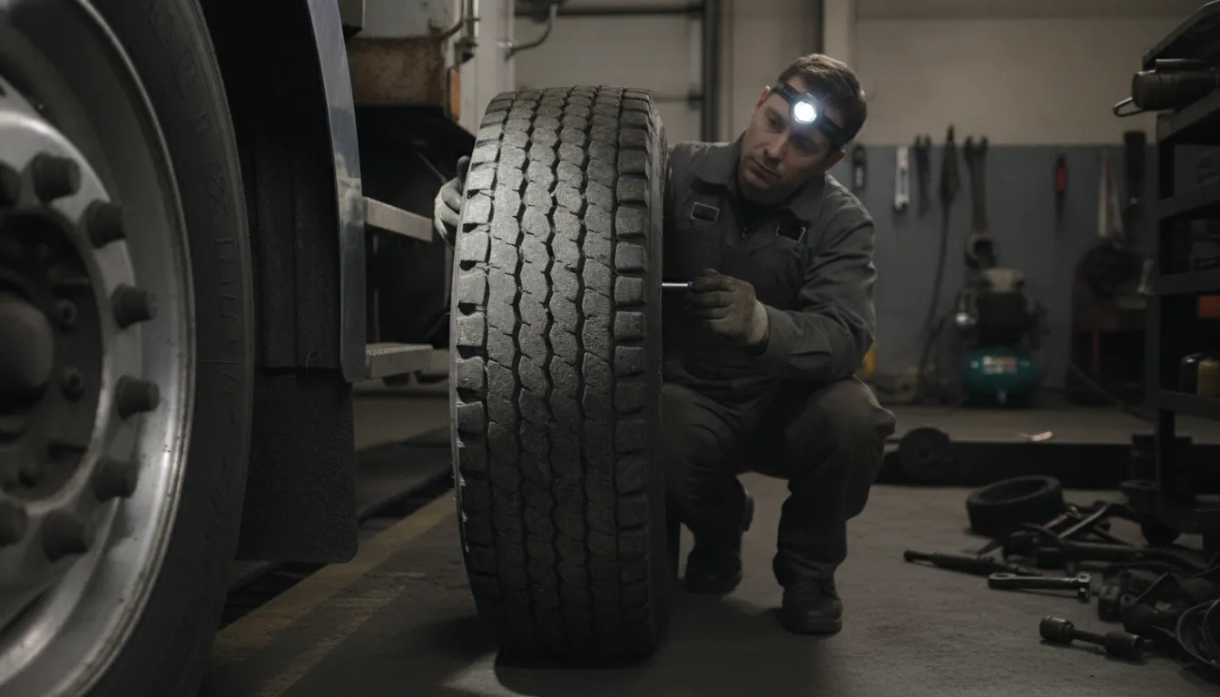 Mechanic checking commercial truck tire tread during preventive maintenance