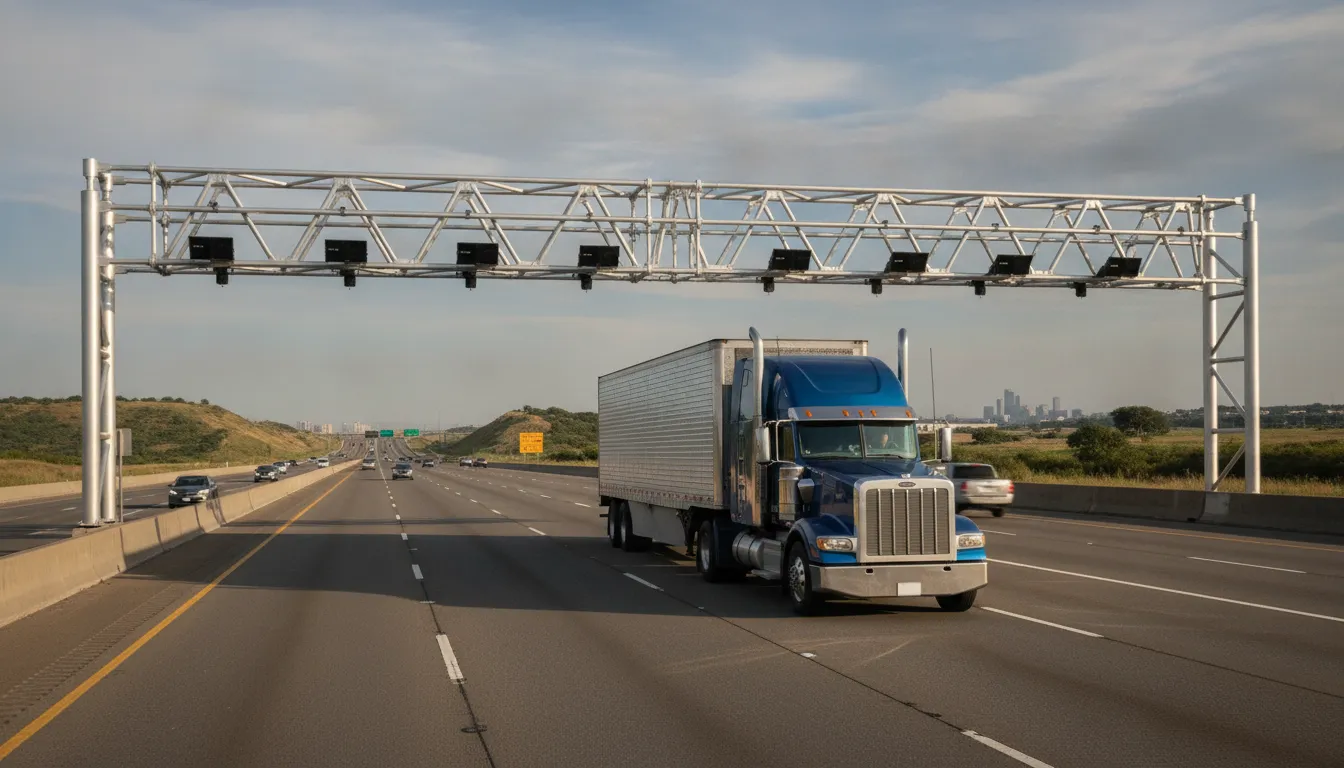 Semi truck passing a toll gantry while managing lease purchase trucking costs
