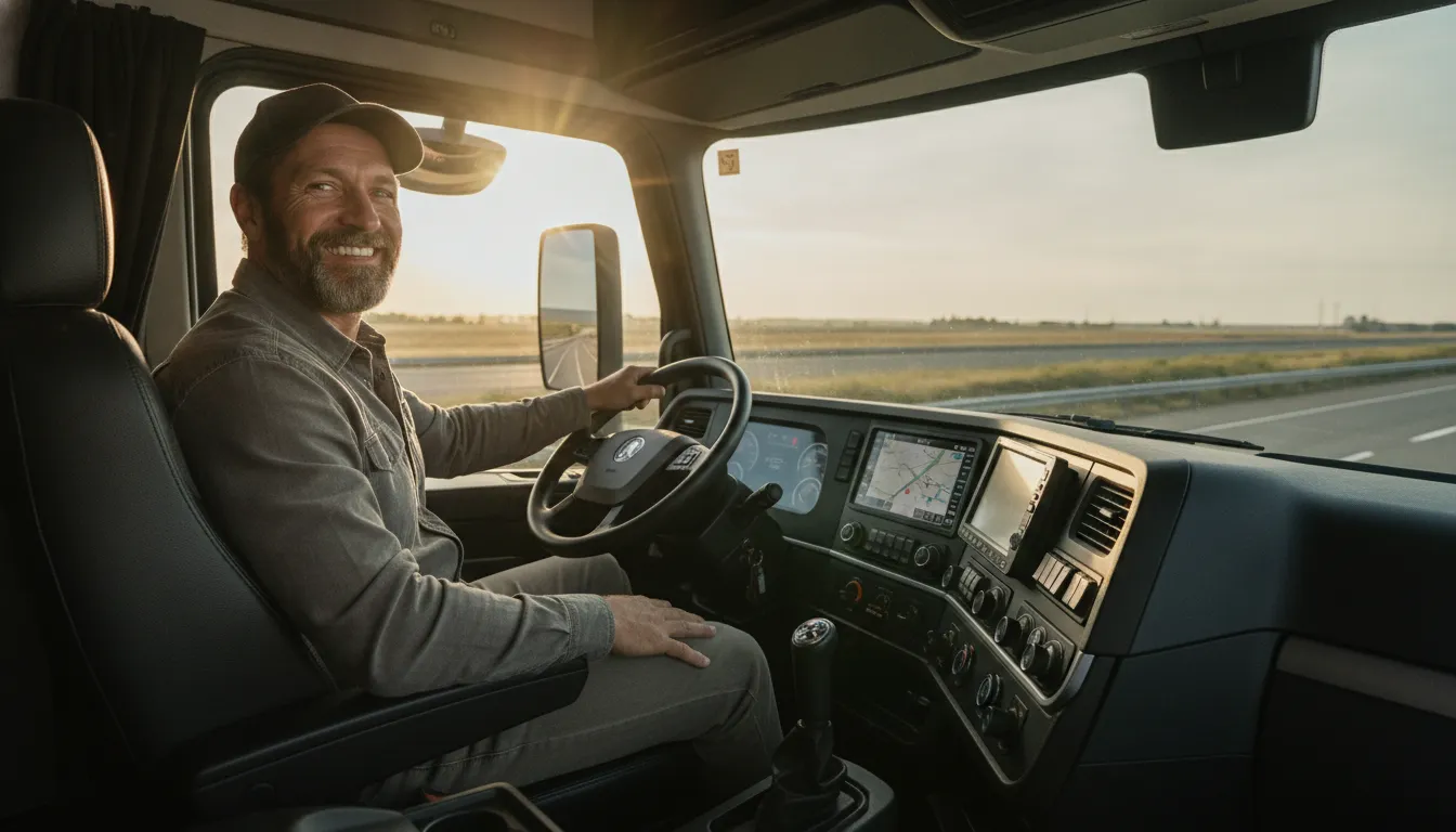 Experienced truck driver in the cab of a modern semi truck preparing to return to the road