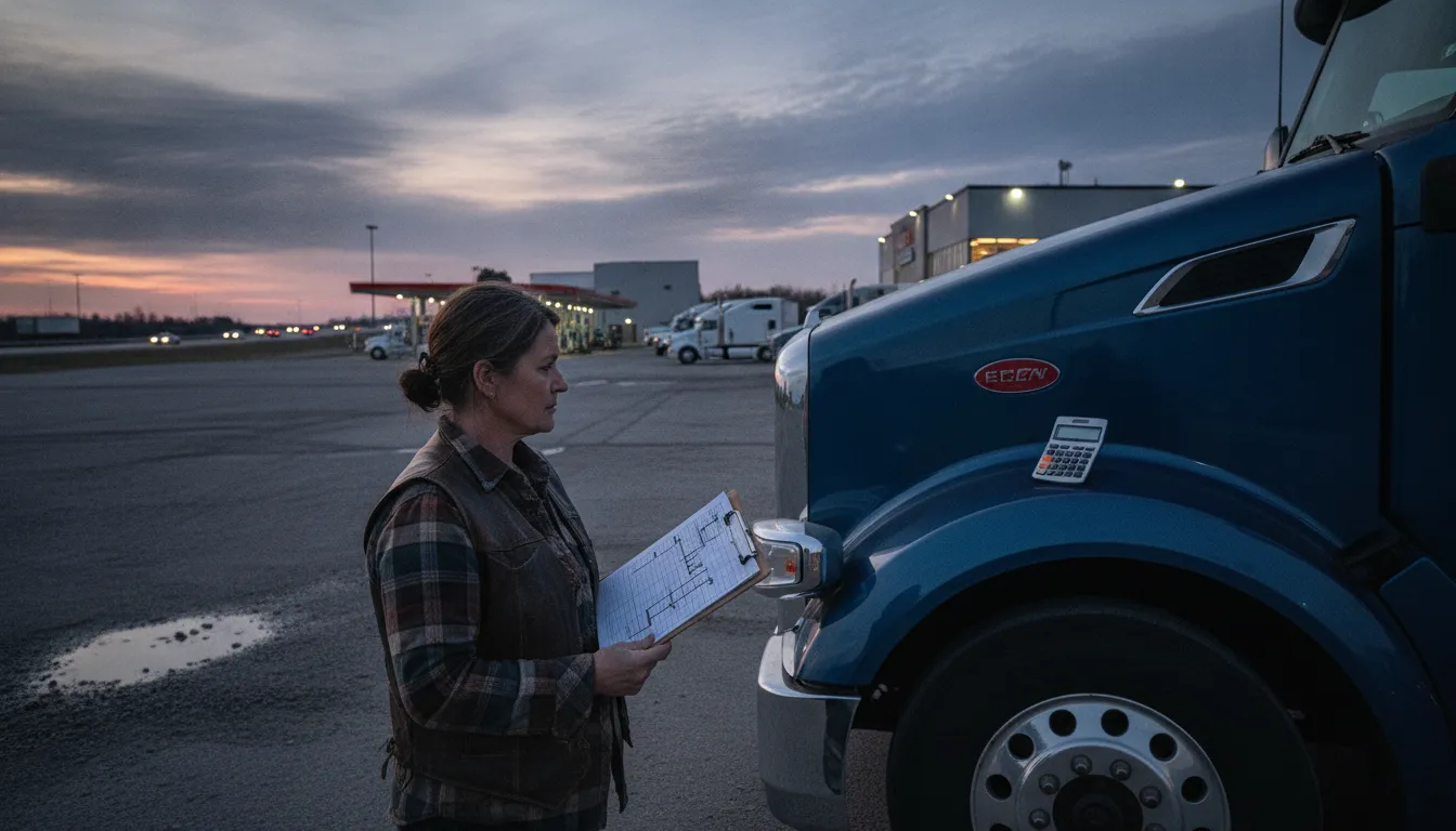 Owner-operator reviewing trucking rate per mile costs beside a semi truck