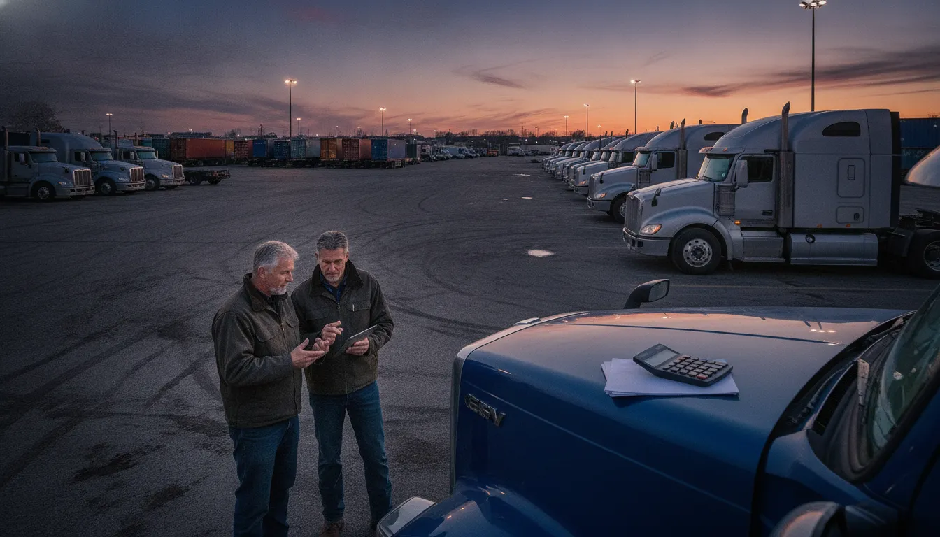 Owner operators comparing percentage pay vs mileage pay beside semi trucks