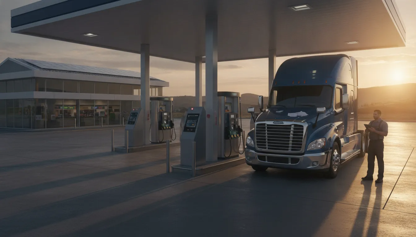 Semi truck at a fuel stop while tracking owner operator tax deductions