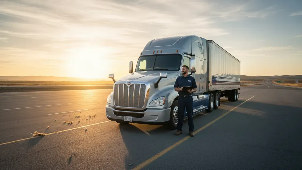 CDL driver reviewing a zero down lease purchase trucking company program beside a semi truck