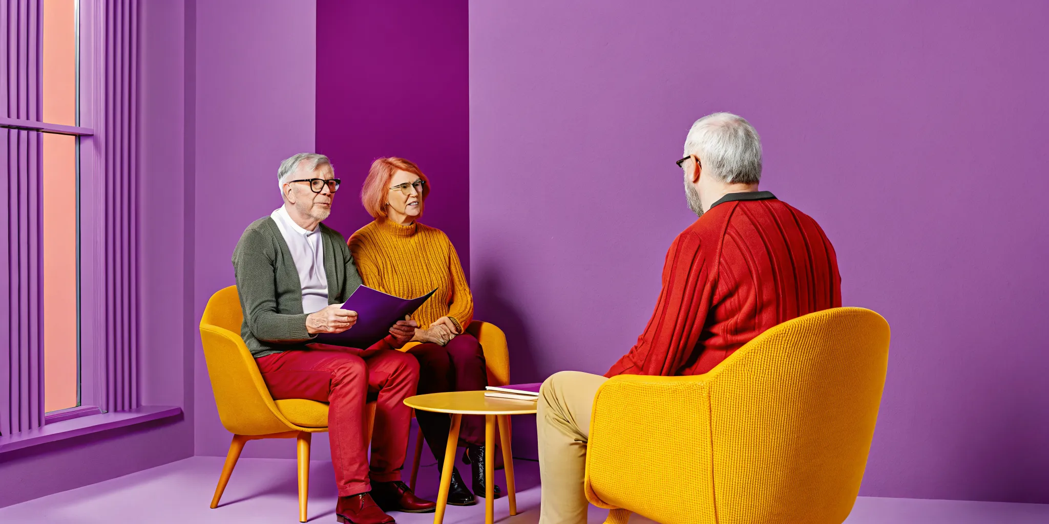 Senior couple reviewing healthcare planning documents with a financial advisor in a bright Cornelius office
