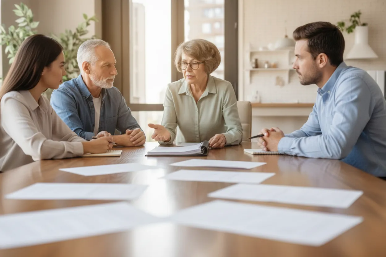 Financial planner reviewing a legacy and succession plan with a multigenerational family at a table