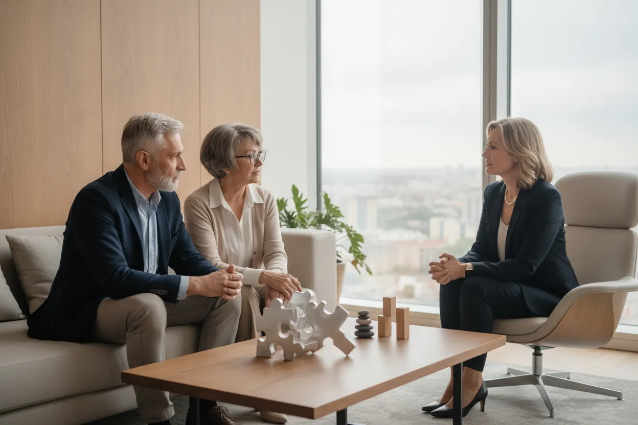 High-net-worth couple discussing generational wealth goals with a wealth manager by a bright window