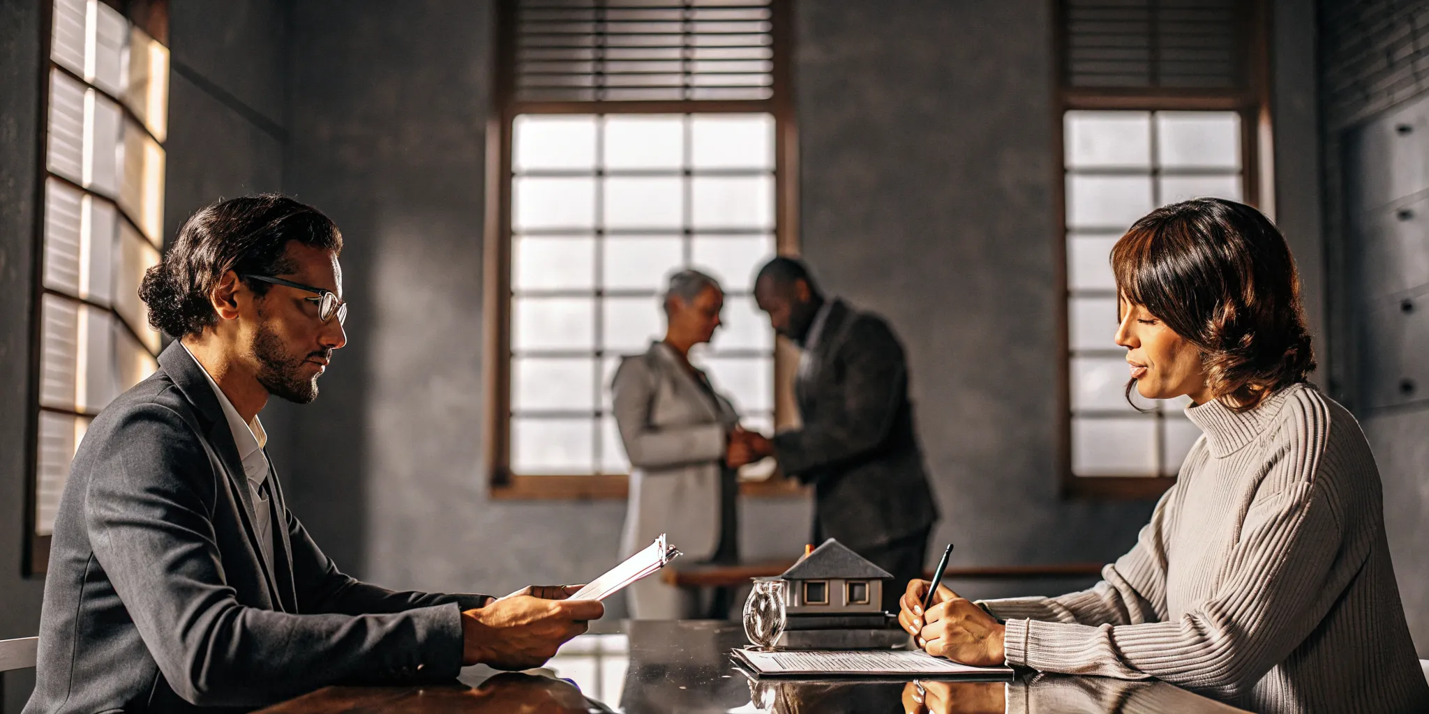 Real estate investor and financial advisor reviewing documents in a professional office setting