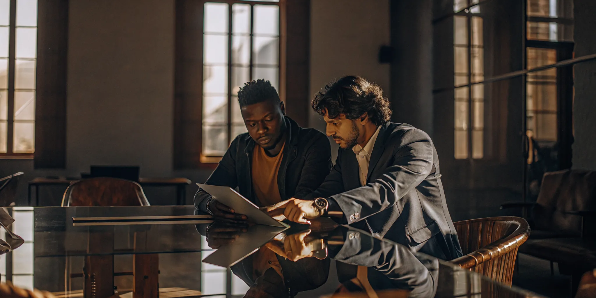 Two business professionals discussing contract details at a modern glass conference table