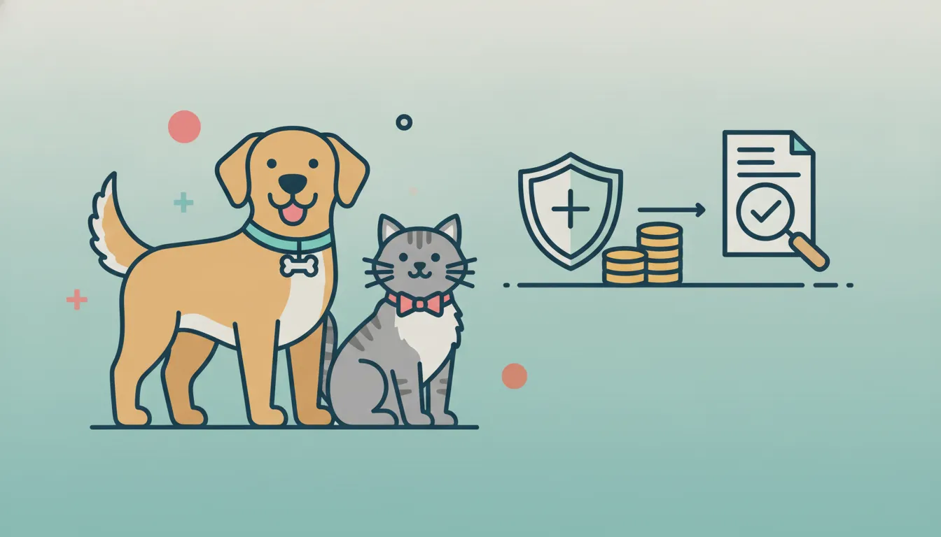 Dog and cat beside insurance icons, coins, and a policy document for a Fetch pet insurance review.