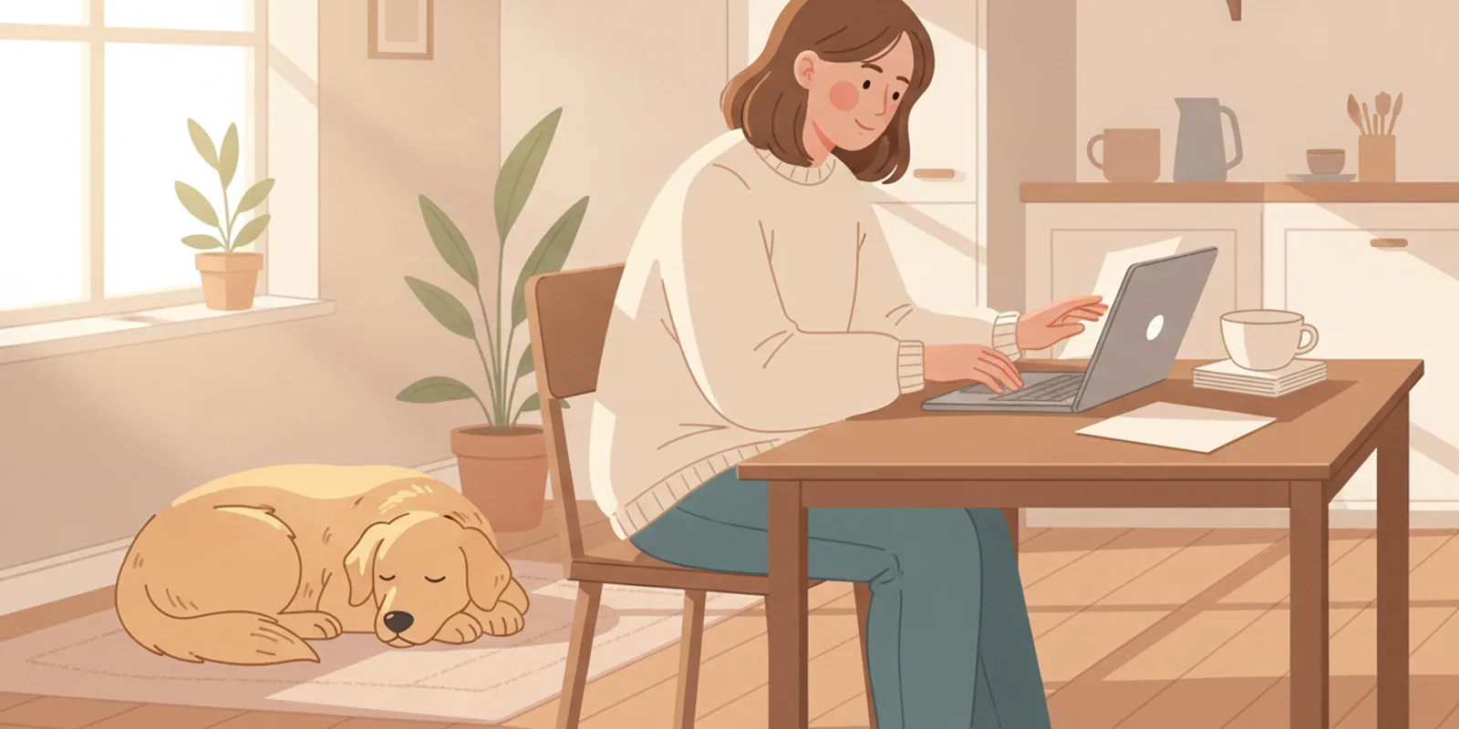 A dog owner comparing pet insurance renewal papers with a laptop at home